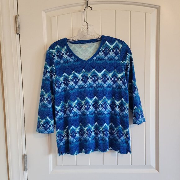 Kim Rogers Petite Blue Patterned 3/4 Sleeve V-Neck Cotton Top PM - Picture 1 of 7